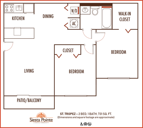Floor plan for 2 beds, 1 bath, 772 sqft