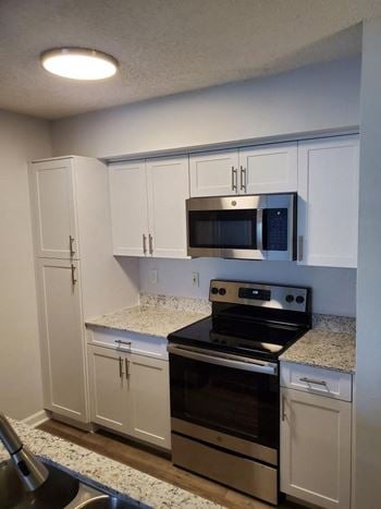 San marco apartment home kitchen interior with stainless steel appliances and wood plank flooring