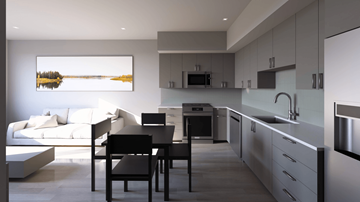 Frisco apartment for rent - A modern kitchen with a dining table and chairs.