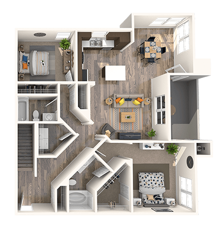 Floor plan for 2 beds, 2 baths, 1231 sqft