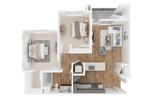 Floor plan for 2 beds, 1 bath, 892 sqft