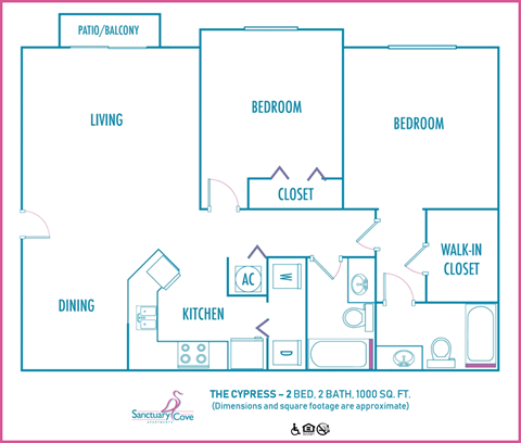 Floor plan for 2 beds, 2 baths, 1000 sqft