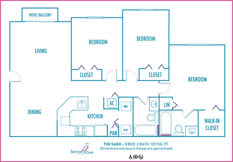 Floor plan for 3 beds, 2 baths, 1211 sqft