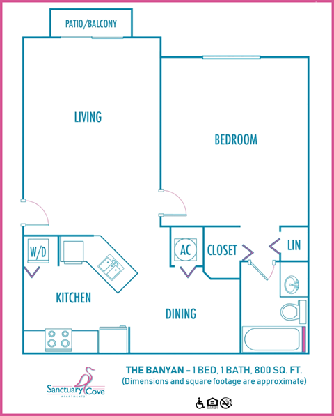 Floor plan for 1 bed, 1 bath, 800 sqft