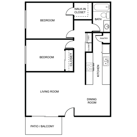 Floor plan for 2 beds, 1 bath, 800 sqft