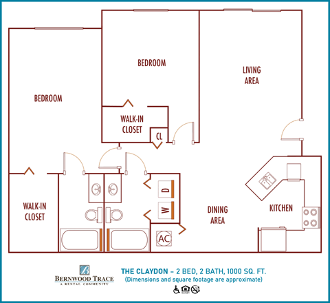Floor plan for 2 beds, 2 baths