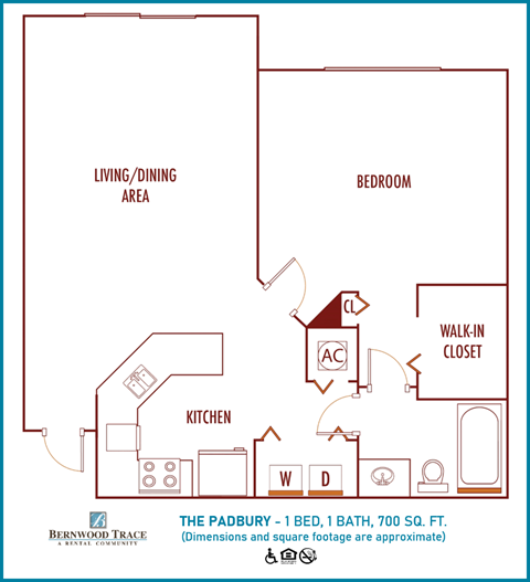 Floor plan for 1 bed, 1 bath