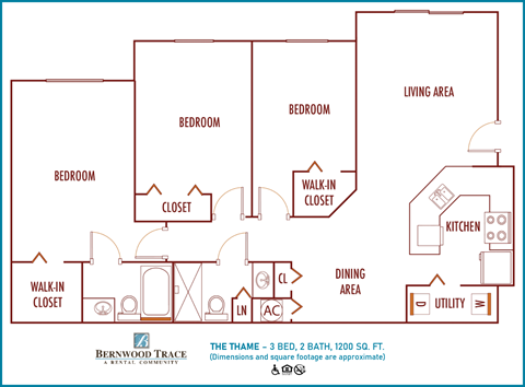 Floor plan for 3 beds, 2 baths