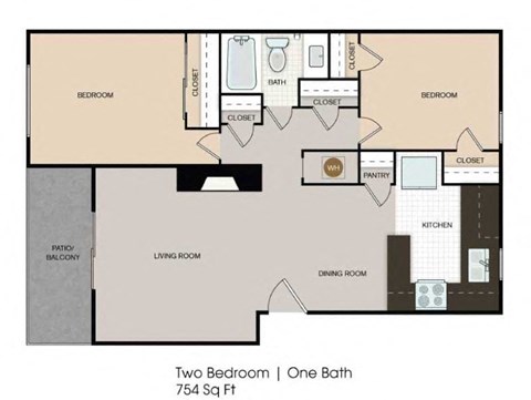 Floor plan for 2 beds, 1 bath, 754 sqft