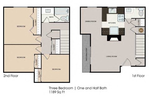 Floor plan for 3 beds, 1.5 baths, 1189 sqft