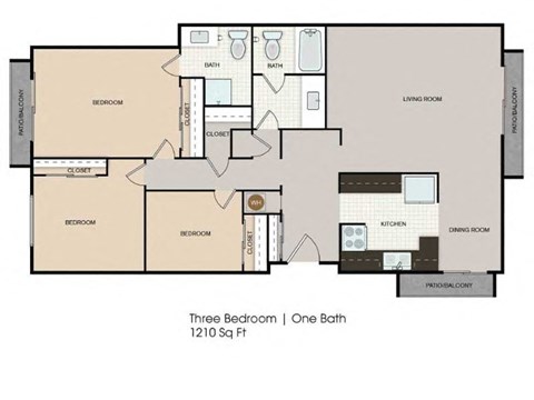 Floor plan for 3 beds, 2 baths, 1210 sqft