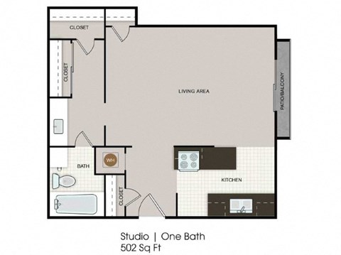 Floor plan for studio, 1 bath, 502 sqft