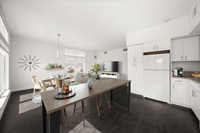 South San Francisco apartment for rent - a kitchen and dining area with a table and chairs at Grand and Linden Family Apartments, California