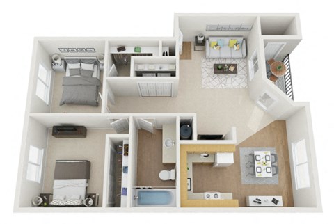 Floor plan for 2 beds, 1 bath, 901 sqft