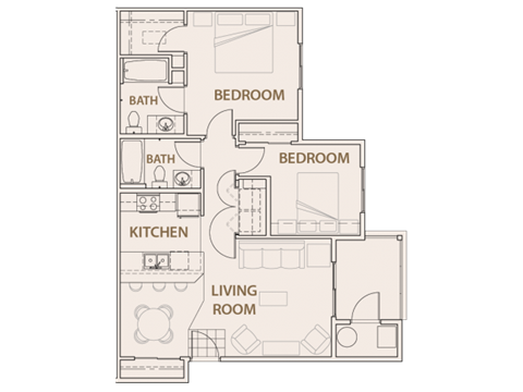 Floor plan for 2 beds, 2 baths, 940 sqft