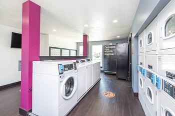 A laundry room with washers and dryers and a row of washing machines