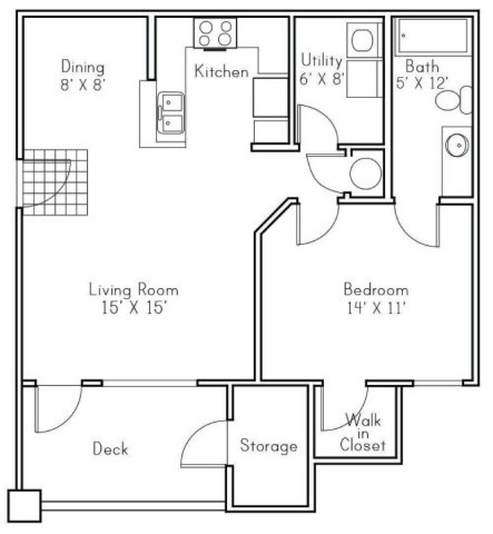 Floor plan for 1 bed, 1 bath, 756 sqft