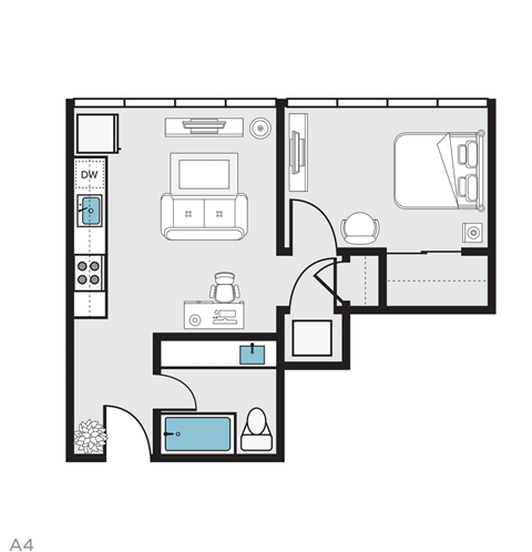 Floor plan for 1 bed, 1 bath, 536 sqft