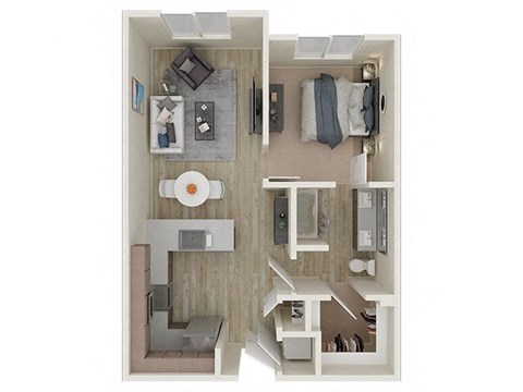 Floor plan for 1 bed, 1 bath, 679 sqft