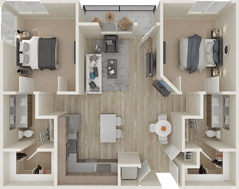 Floor plan for 2 beds, 2 baths, 1233 sqft