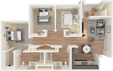 Floor plan for 3 beds, 2 baths, 1061 sqft