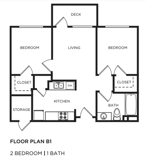 Floor plan for 2 beds, 1 bath, 846 sqft
