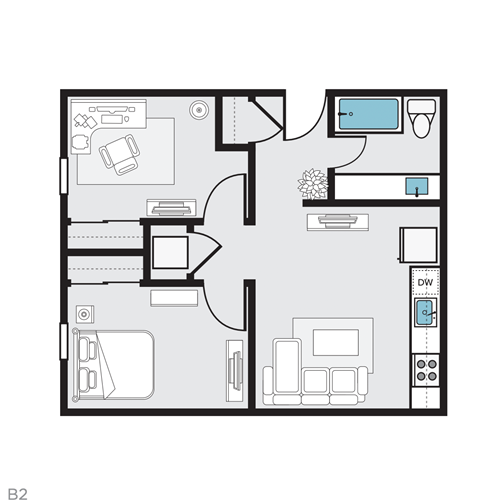 Floor plan for 2 beds, 1 bath, 665 sqft