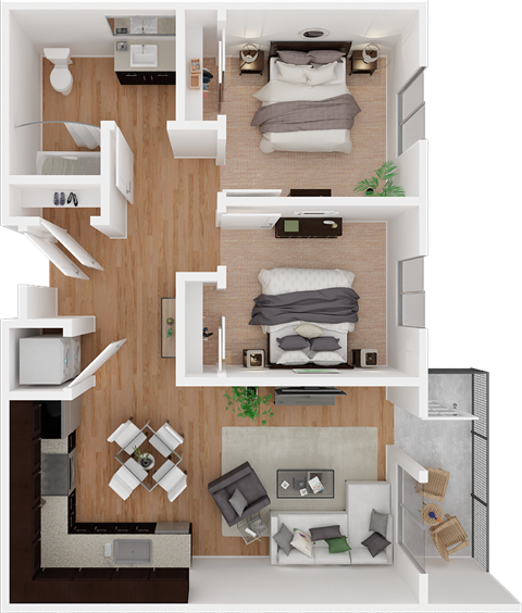 Floor plan for 2 beds, 1 bath, 774 sqft