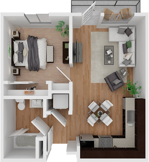 Floor plan for 1 bed, 1 bath, 559 sqft