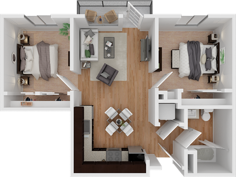 Floor plan for 2 beds, 1 bath, 832 sqft