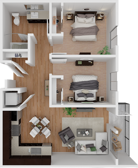 Floor plan for 2 beds, 1 bath, 762 sqft