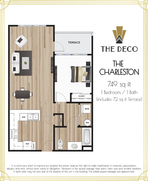 Floor plan for 1 bed, 1 bath, 677 sqft