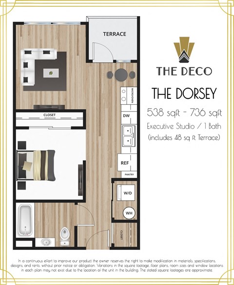 Floor plan for studio, 1 bath, 663 sqft