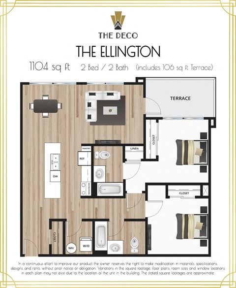 Floor plan for 2 beds, 2 baths, 998 sqft