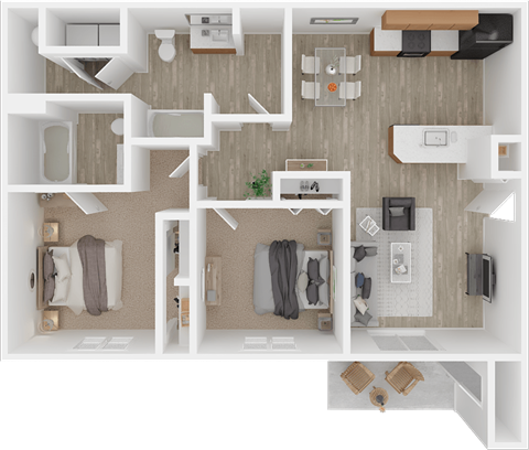 Floor plan for 2 beds, 2 baths, 895 sqft