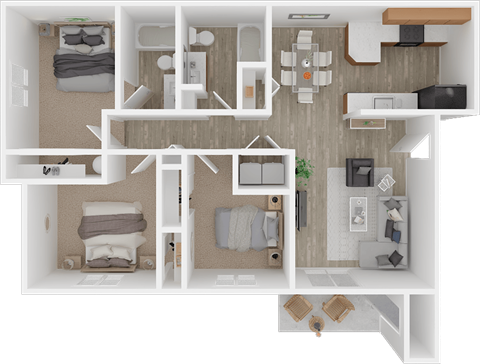 Floor plan for 3 beds, 2 baths, 1102 sqft