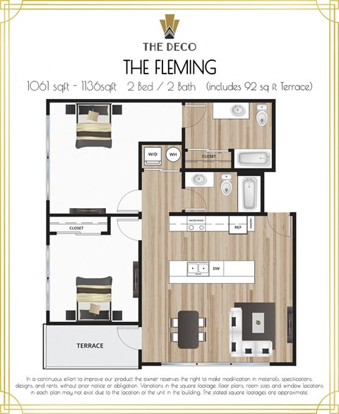 Floor plan for 2 beds, 2 baths, 1044 sqft