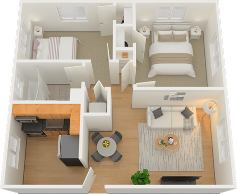 Floor plan for 2 beds, 1 bath, 950 sqft