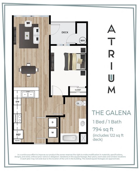 Floor plan for 1 bed, 1 bath, 671 sqft