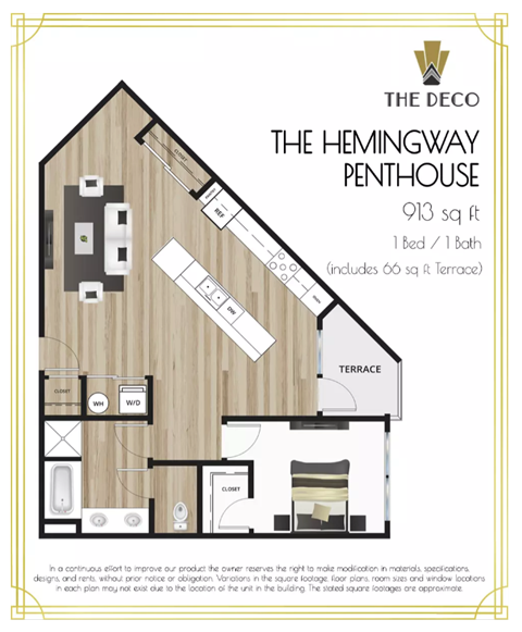 Floor plan for 1 bed, 1 bath, 847 sqft
