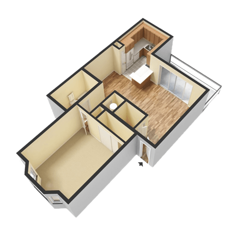 Floor plan for 1 bed, 1 bath, 645 sqft