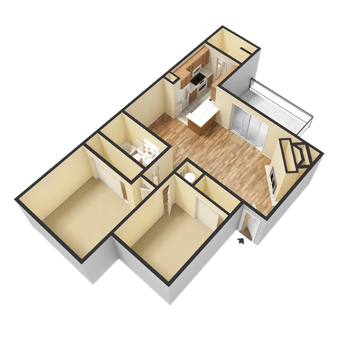 Floor plan for 2 beds, 1 bath, 954 sqft