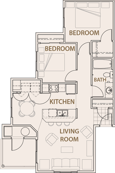 Floor plan for 2 beds, 1 bath, 871 sqft
