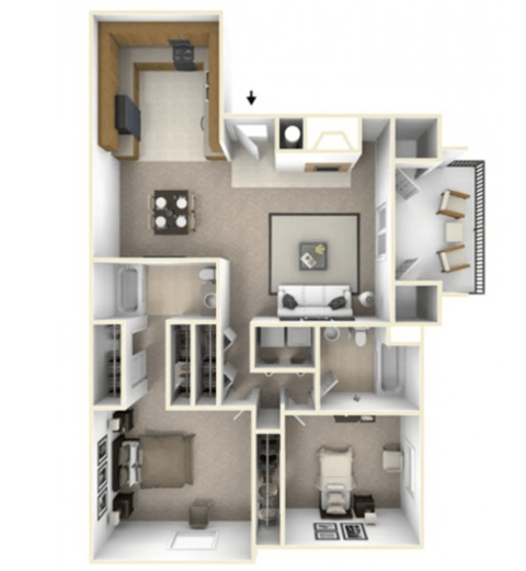 Floor plan for 2 beds, 2 baths, 990 sqft