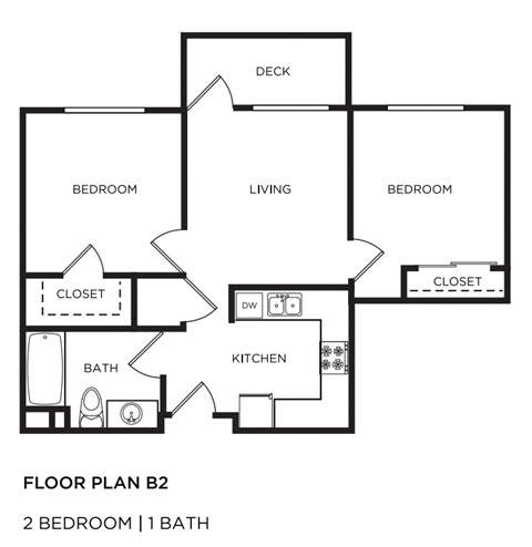 Floor plan for 2 beds, 1 bath, 851 sqft