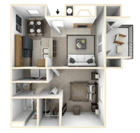 Floor plan for 1 bed, 1 bath, 735 sqft