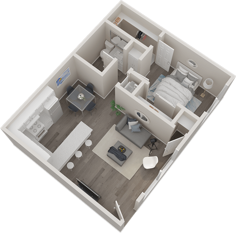 Floor plan for 1 bed, 1 bath, 687 sqft