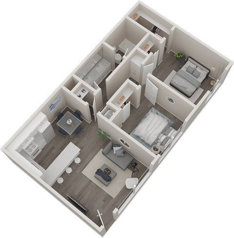 Floor plan for 2 beds, 1 bath, 889 sqft