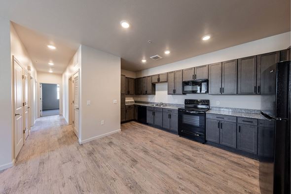 Reno apartment for rent - an empty kitchen with black appliances and wooden cabinets at Springview by Vintage, Nevada, 89512