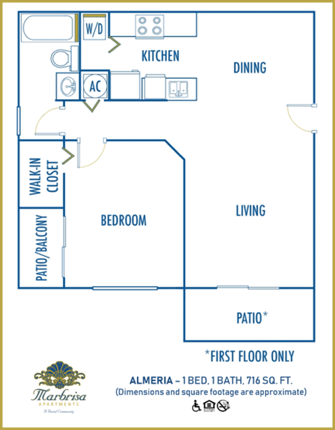 Floor plan for 1 bed, 1 bath, 716 sqft